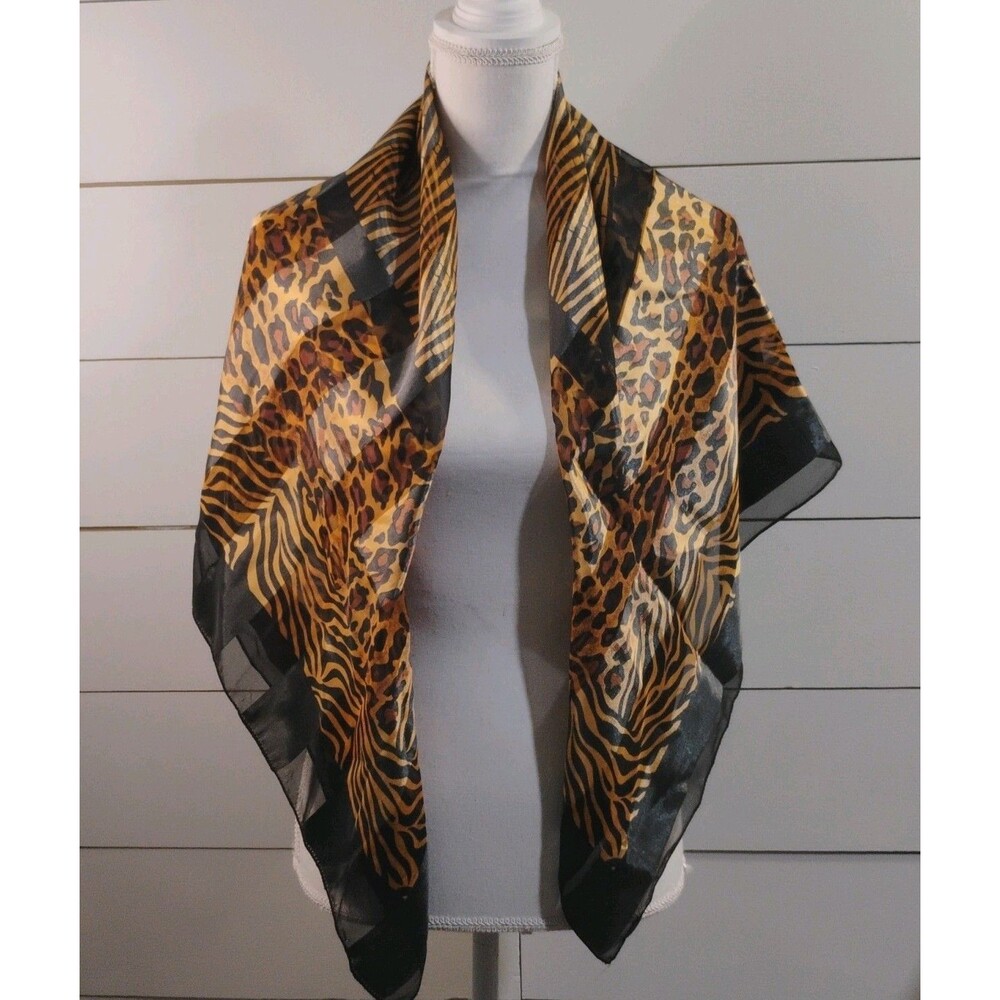 Vintage Animal Print Leopard Black Chiffon Polyester Square Scarf for  Women